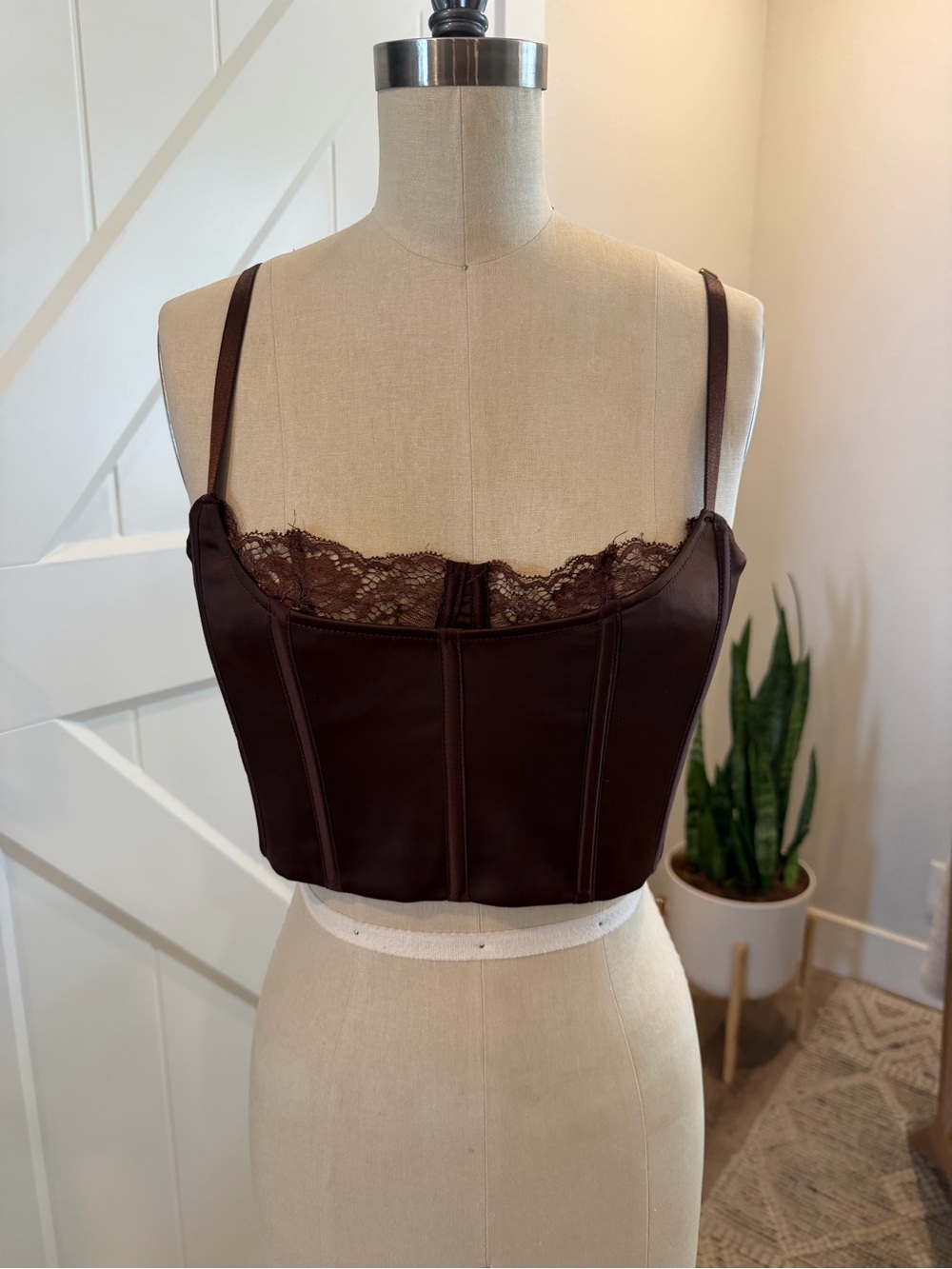 Lace-Trim Corset Crop Top in Chocolate Brown